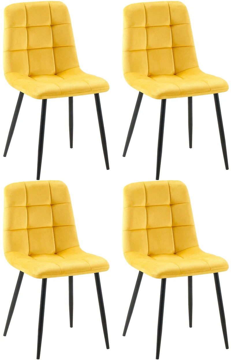 Lot de 4 chaises de salle à manger coutures forme carrées en tissu velours jaune pieds en métal noir 10_0001796