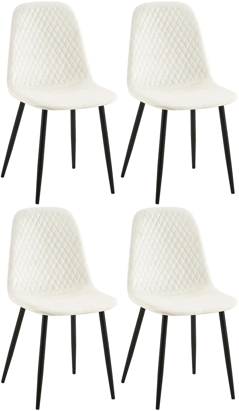 Lot de 4 chaises de salle à manger coutures décoratives losanges assise en velours blanc crème pieds métal noir mat 10_0001883
