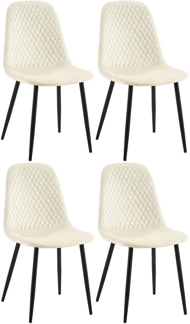 Lot de 4 chaises de salle à manger coutures décoratives losanges avec pieds en métal noir et assise en velours crème 10_0001882