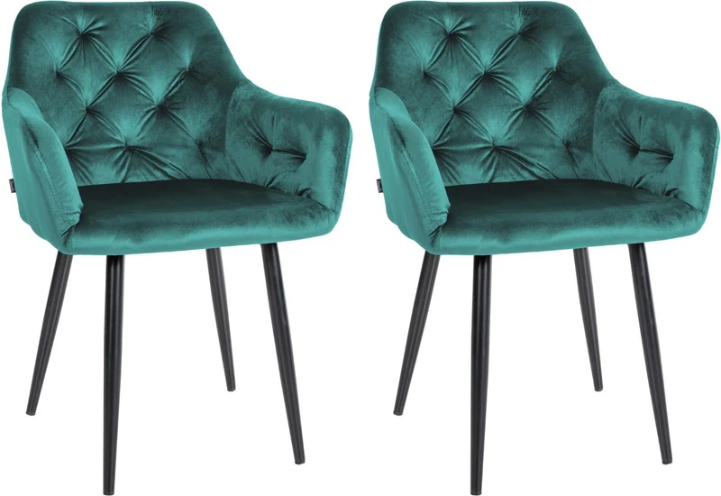 Set de 2 chaises de salle à manger avec coutures décoratives en velours vert foncé et pieds en métal noir 10_0001628