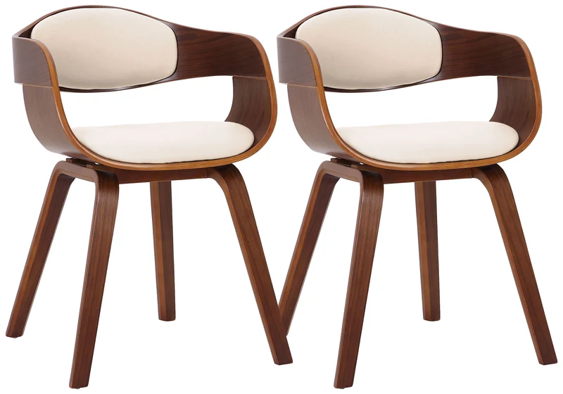 Lot de 2 chaises de salle à manger bureau design retro en PVC crème structure en bois couleur noyer 10_0001713