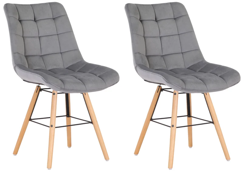 Lot de 2 chaises de salle à manger style scandinave couture carrée en velours gris et pieds en bois 10_0001737