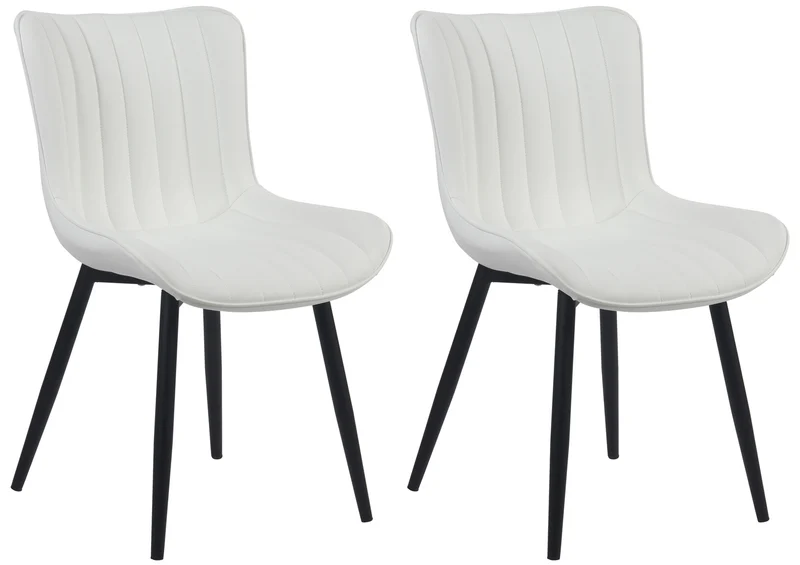 Lot de 2 chaises de salle à manger coutures décoratives verticales avec pieds en métal noir assise en PVC blanc 10_0001733