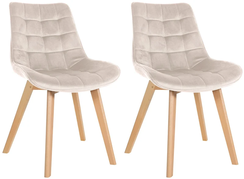 Lot de 2 chaises de salle à manger design scandinave coutures carrées en velours crème pieds en bois clair 10_0001684