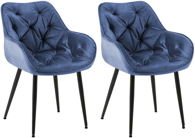 Lot de 2 chaises de salle à manger coutures décoratives en velours bleu et pieds en métal noir 0_0001664