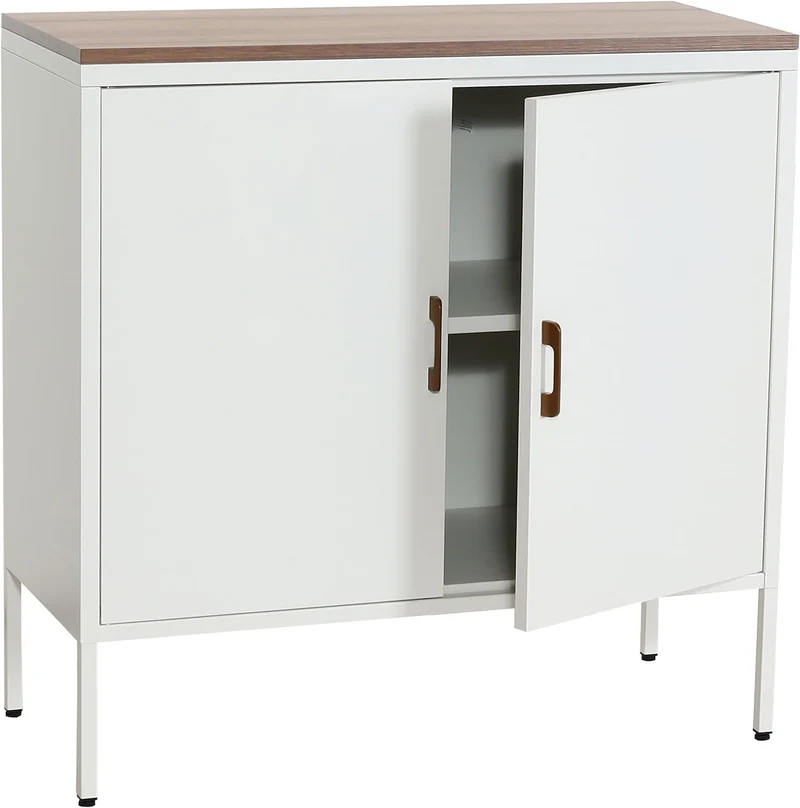 Commode meuble de rangement bureau buffet 2 portes métal 90x90x40cm mélaminé blanc plateau MDF 2 compartiments avec portes MED04084