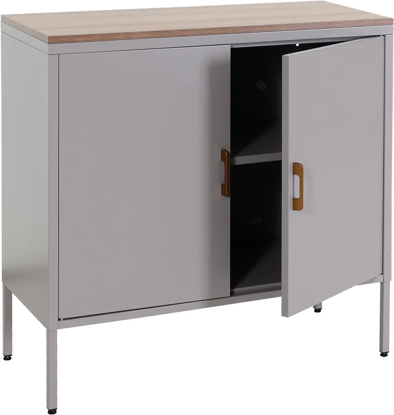 Commode meuble de rangement bureau buffet 2 portes métal 90x90x40cm mélaminé gris plateau MDF 2 compartiments avec portes MED04082