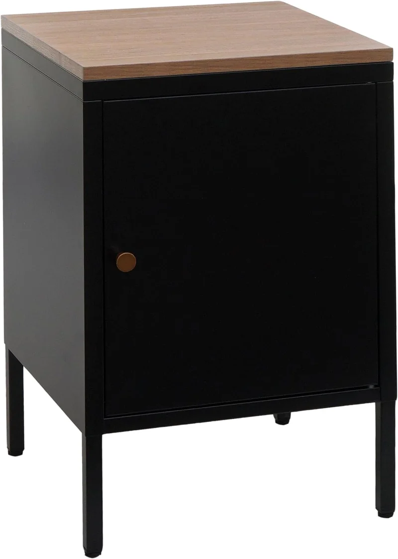 Petit meuble de rangement table de chevet 2 niveaux tôle d'acier laminée noir plateau MDF 63x40x40 cm MED04079