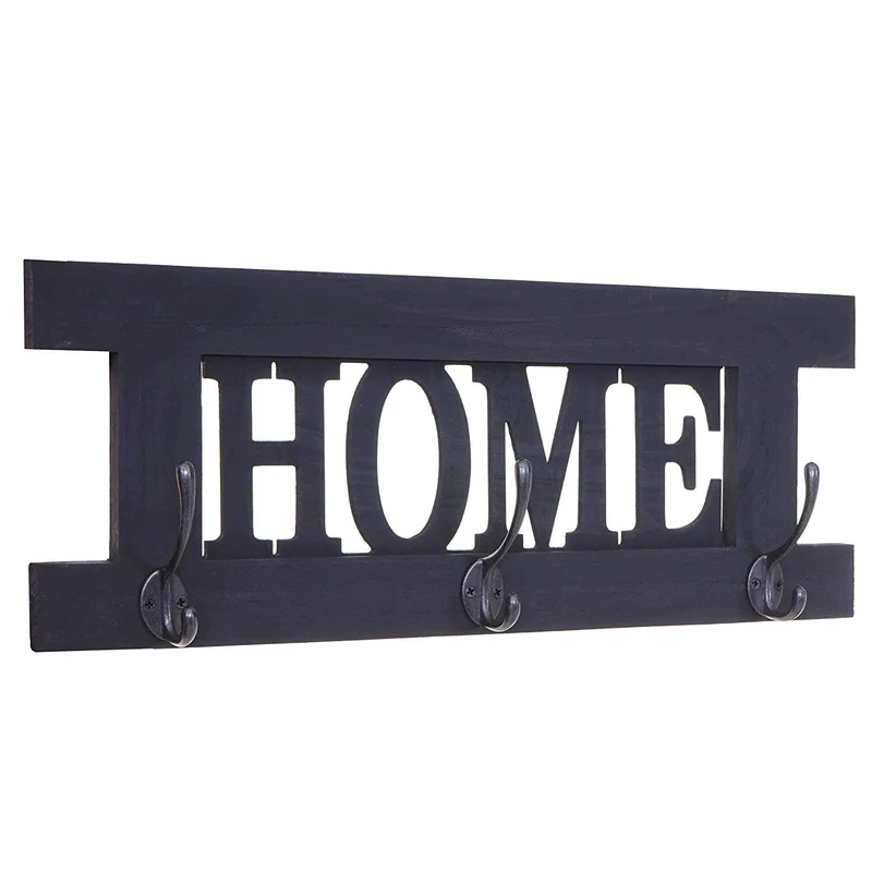 Porte-manteau mural patère en bois gris foncé vintage home avec 3 crochets 21 x 55 cm MED04066