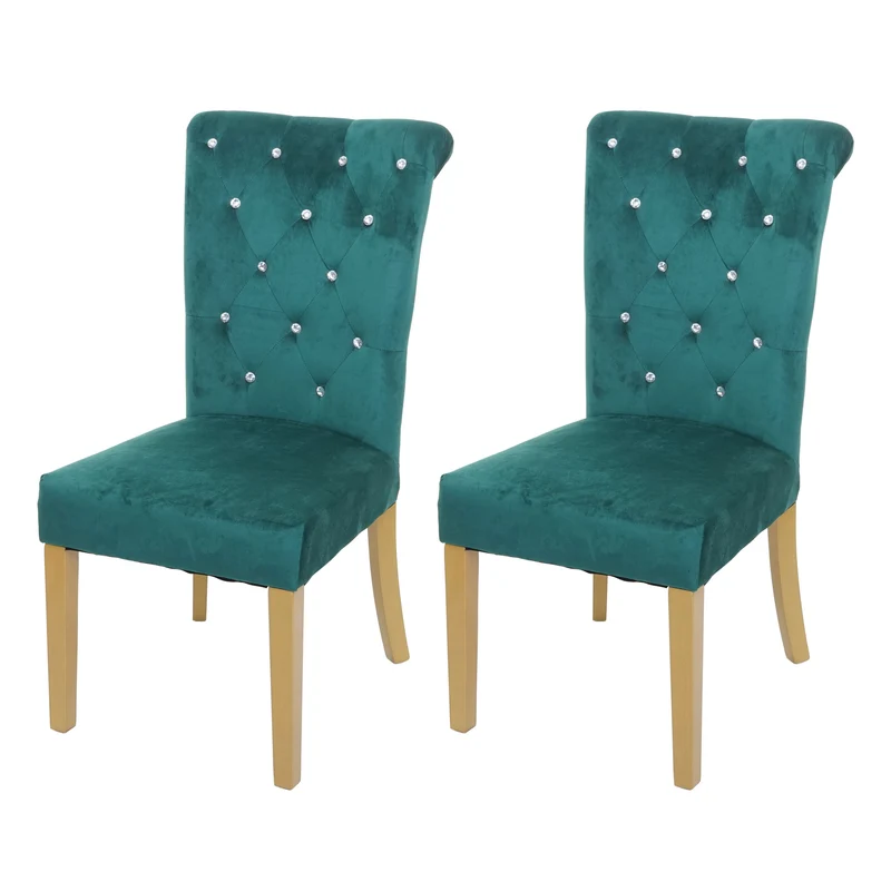 Lot de 2 chaises à manger cuisine en velours vert avec décoration bouton cristal pieds bois clairs 04_0000351