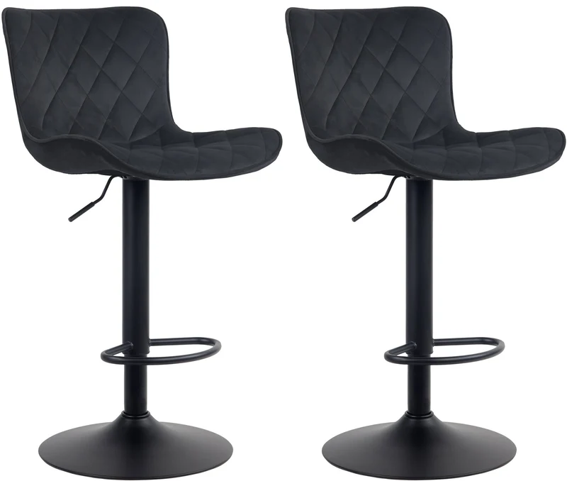 Lot de 2 tabourets de bar en tissu velours noir pieds en métal noir hauteur réglable pivotant TDB10727