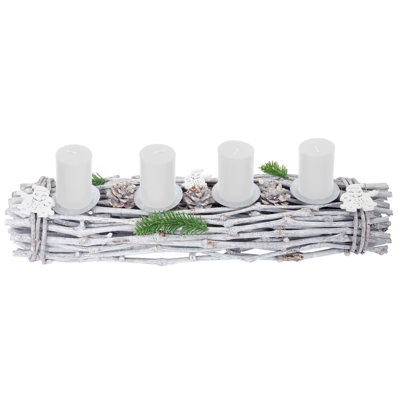 Couronne de l'Avent allongée décoration de Noël bois 60x16x9cm blanc-gris avec bougies blanc 04_0002558