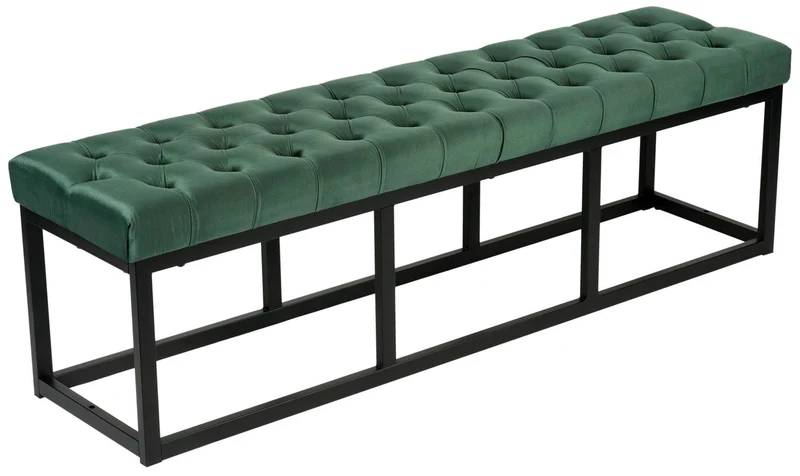 Banquette capitonné bout de lit en tissu velours vert support en métal noir 150 cm BAN10112