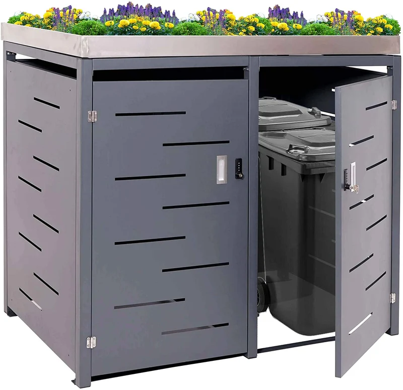 Abri de poubelles extérieur conteneurs à ordures avec bac à pantes jusqu'à 4 bacs 125x140x102 cm en inox-métal 04_0005612