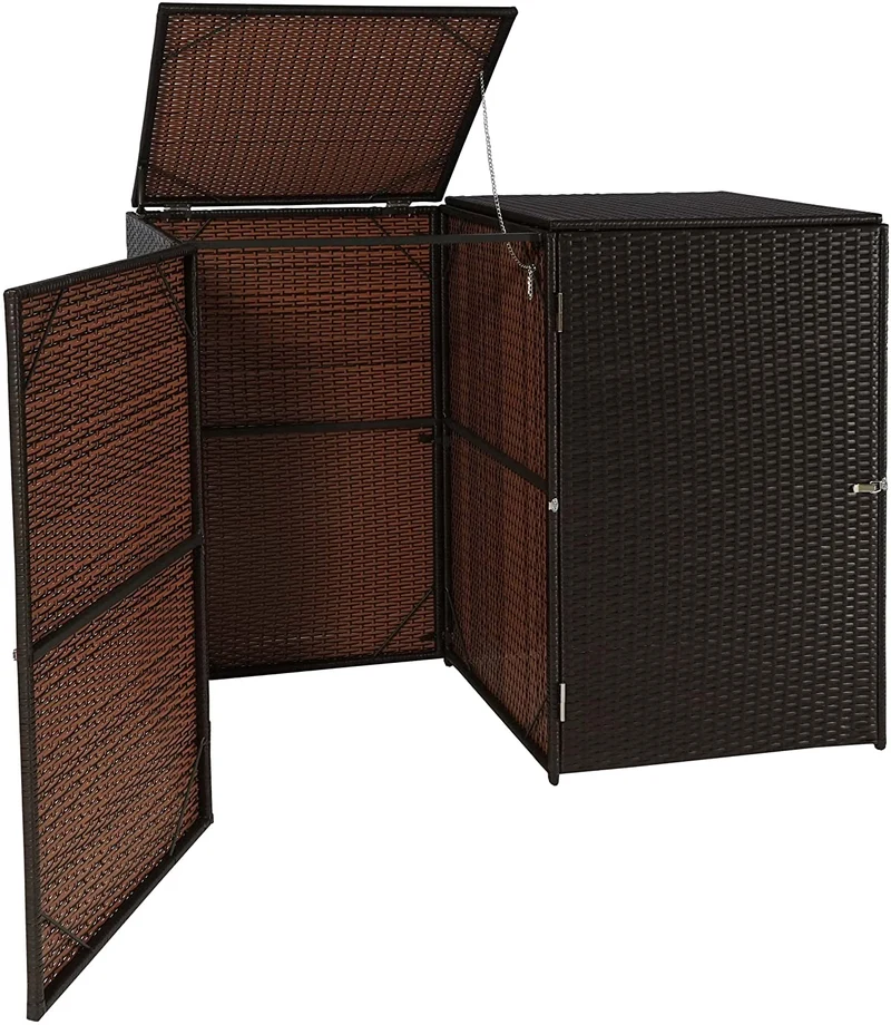 Abri de poubelles extérieur conteneurs à ordures jusqu'à 2 bacs avec couvercle poly rotin 2x120 litres marron 04_0002856