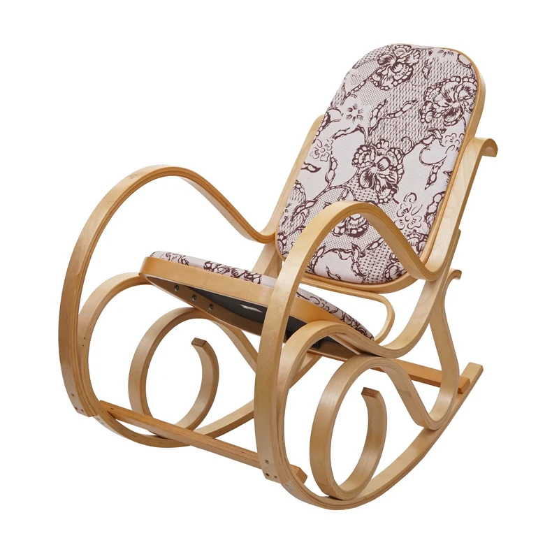 Fauteuil à bascule rocking chair en bois clair et tissu fleur marron FAB04023