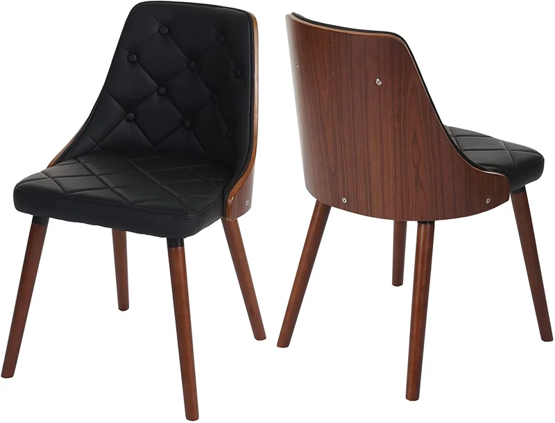 Lot de 2 chaises de salle à manger capitonné design chic en bois noyer et assise en synthétique noir CDS04467
