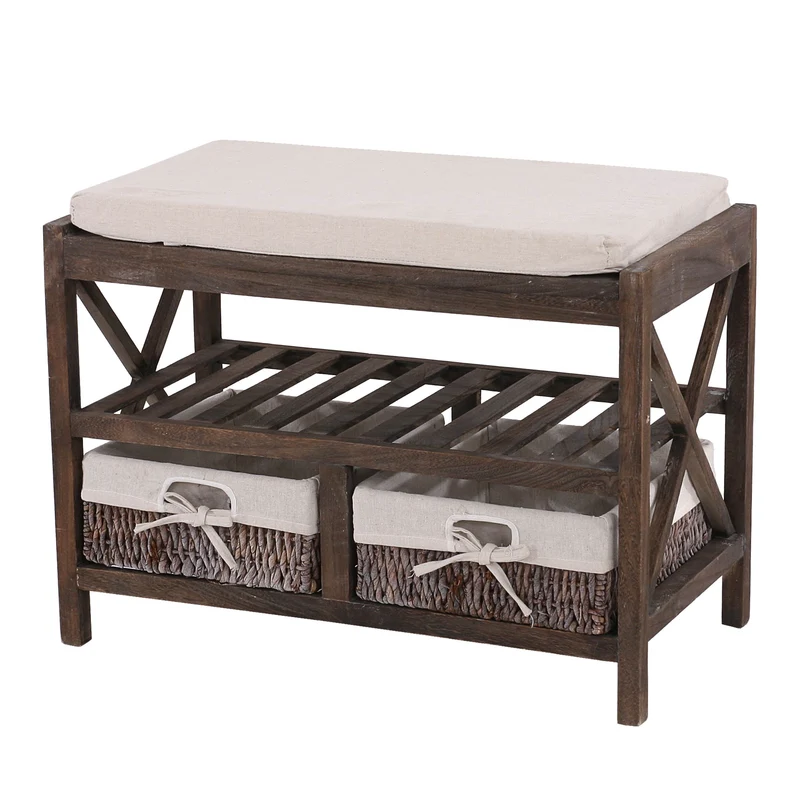 Étagère à chaussures banc banquette avec tiroirs de rangement look shabby vintage 45x65x34cm marron 04_0005159