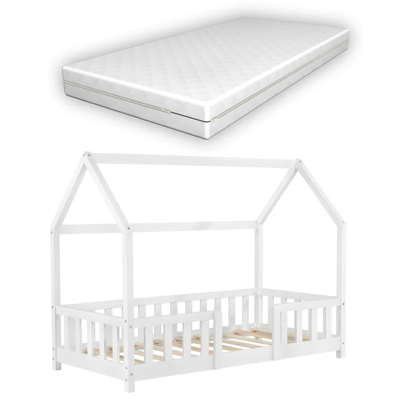 Lit pour enfant cabane maison avec matelas barrière et sommier à lattes en bois de pin blanc 70 x 140 cm 03_0005480