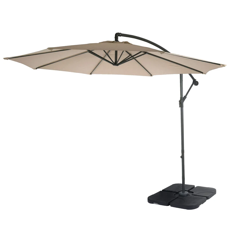 Parasol déporté protection solaire Ø 3m inclinable polyester/acier 11kg beige sable avec support 04_0000947