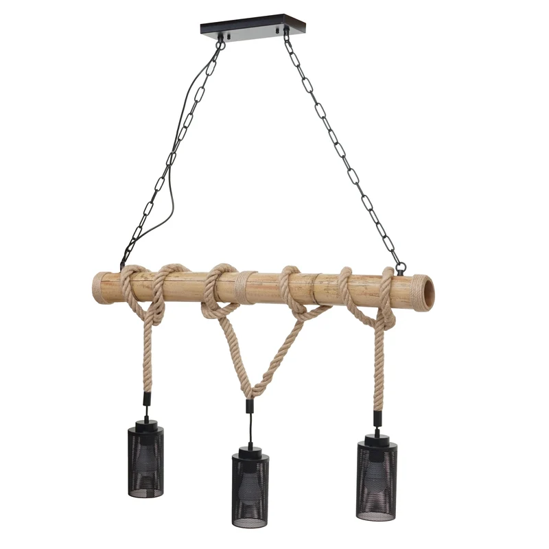 Lampe à suspension corde de bambou design vintage industrielle métal noir abat-jour tube 3x 04_0003599