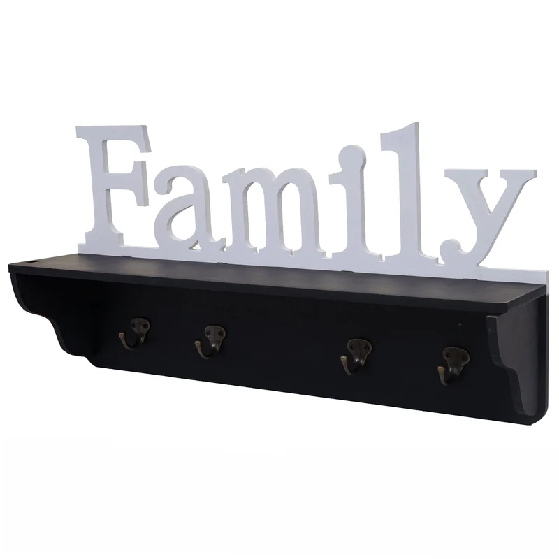 Porte-manteau mural Famille étagère avec 4 crochets 30x60x13cm en bois noir / blanc 04_0001016
