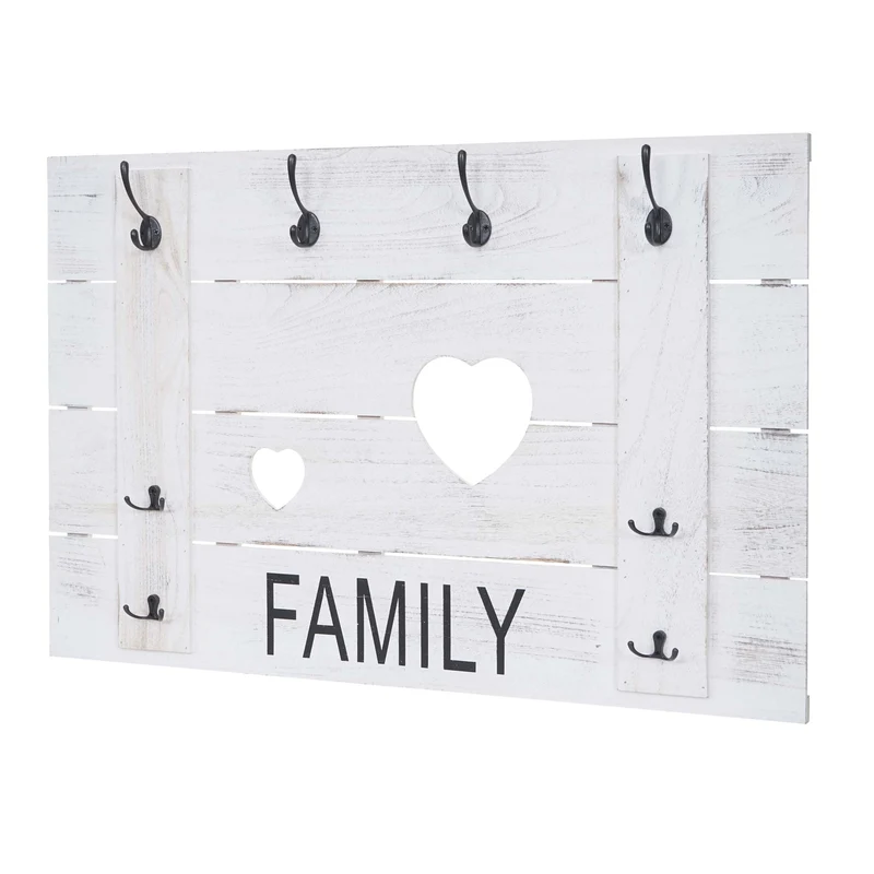 Porte-manteau mural Family panneau style vintage avec 8 crochets 60x90cm blanc vieilli 04_0001006