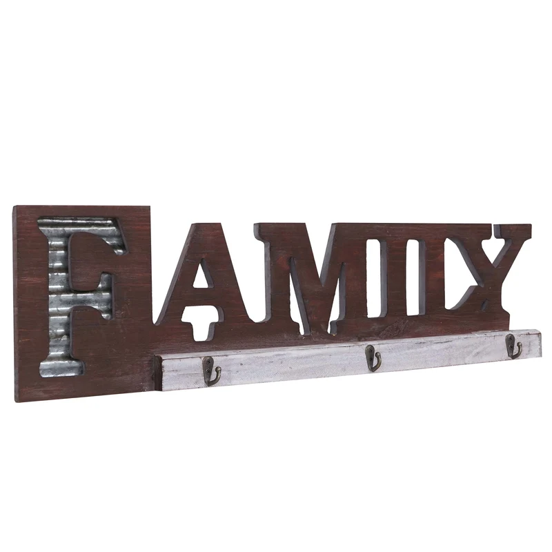 Porte-manteau mural Family avec 3 crochets design rustique bois métal 04_0000977