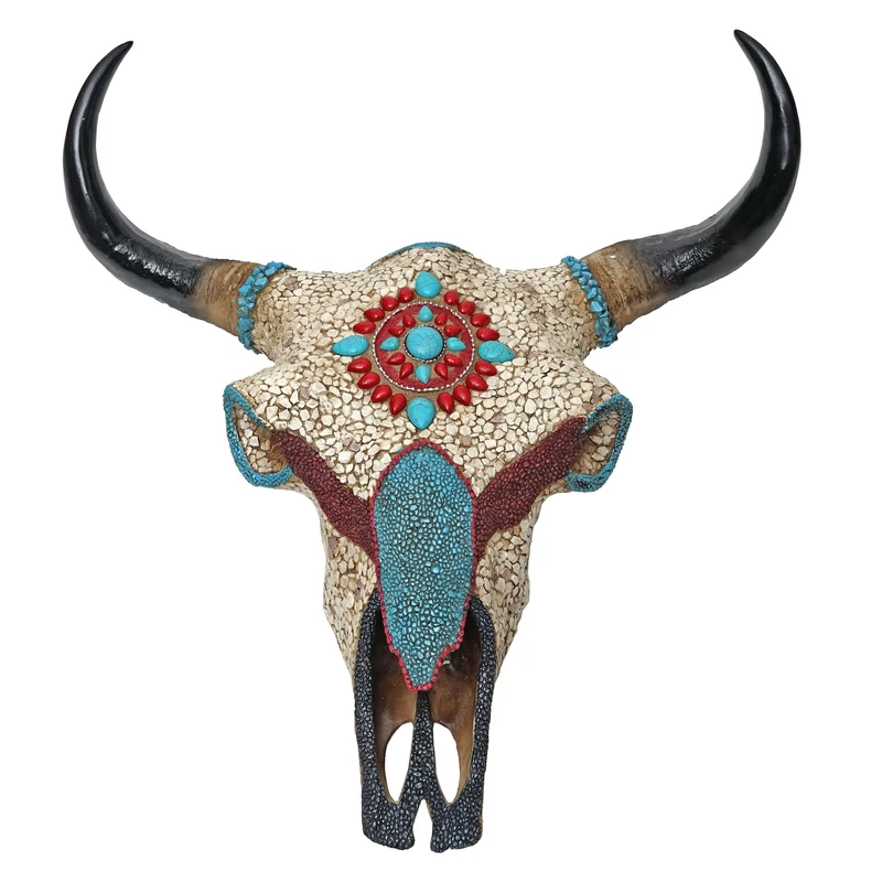 Déco crâne de vache tête de taureau trophée avec mosaïque polyrésine 51x50x25cm 04_0002820