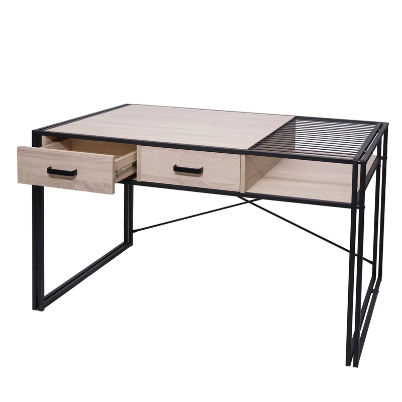 Bureau d'ordinateur avec tiroirs et compartiment de rangement design industriel 76x120x70cm aspect chêne 04_0001450