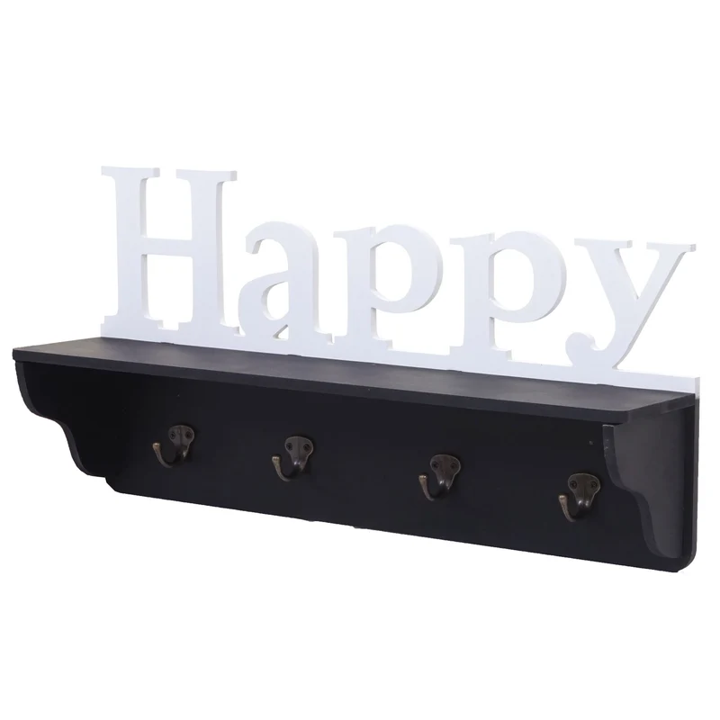 Porte-manteau mural Happy avec 4 crochets 30x60x13cm en bois de pin noir/blanc 04_0001017