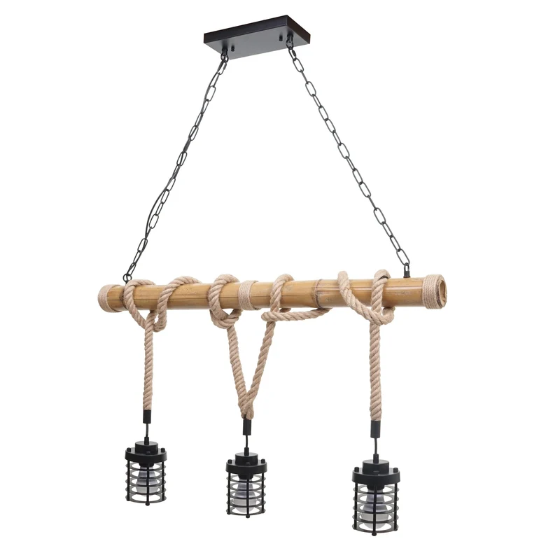 Lampe à suspension lustre style ndustrielle vintage bambou corde métal noir 3x Abat-Jour cage 04_0004045