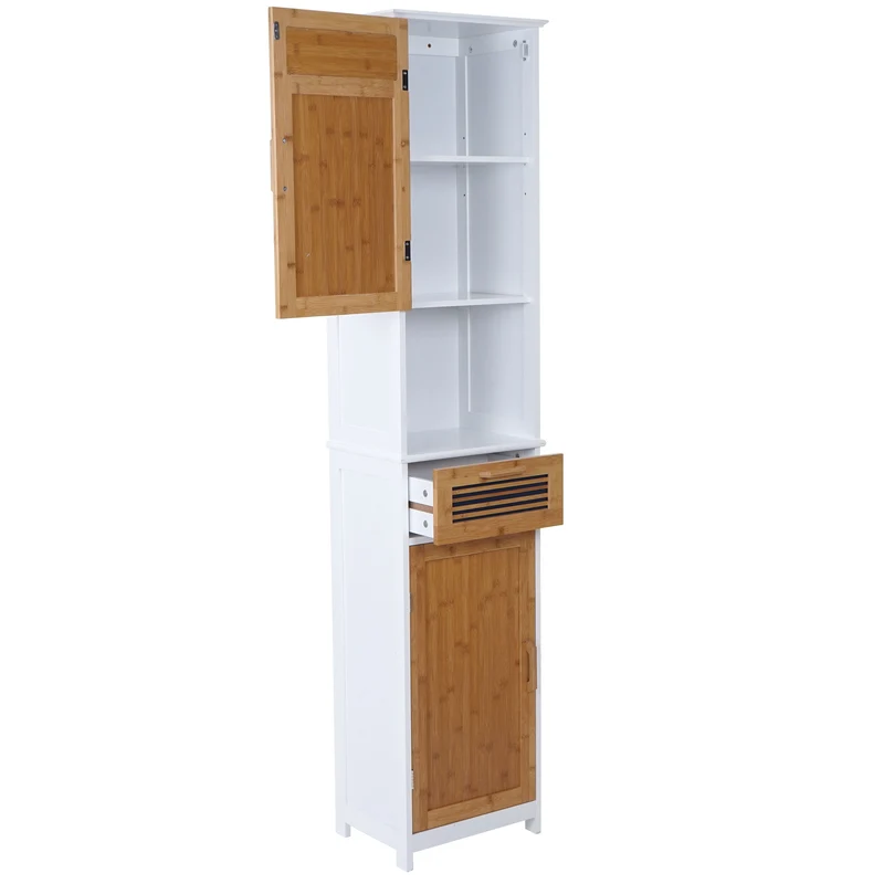 Armoire haute de salle de bain étagère en bambou 180x40x31cm blanc 04_0001506