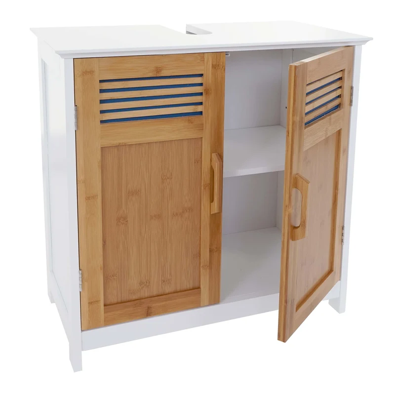 Meuble vasque meuble de salle de bain avec portes et étagère 60x60x30cm blanc et bambou 04_0001487