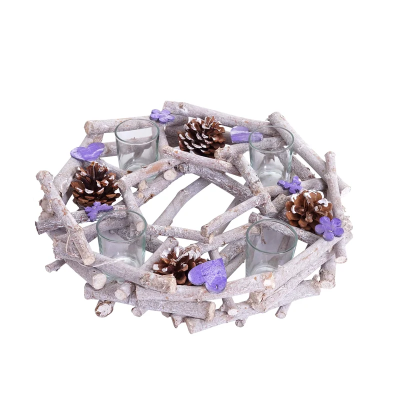 Couronne de l'Avent ronde avec photophores décoration de Noël bois Ø 30cm violet-gris 04_0002561