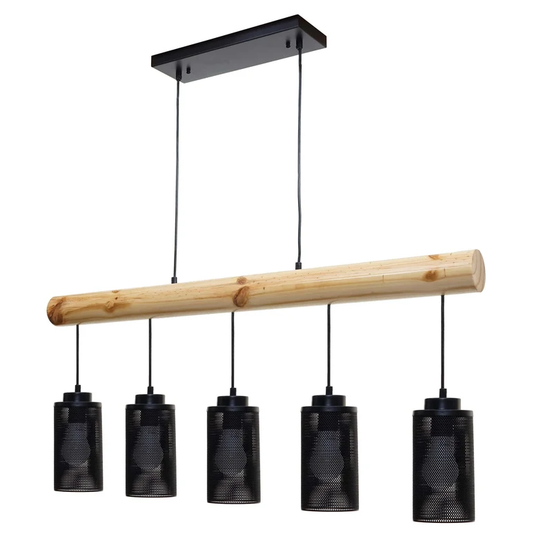 Lampe à suspension de plafond style vintage industriel en bois massif métal noir 5 abat-jour en tube 04_0003600