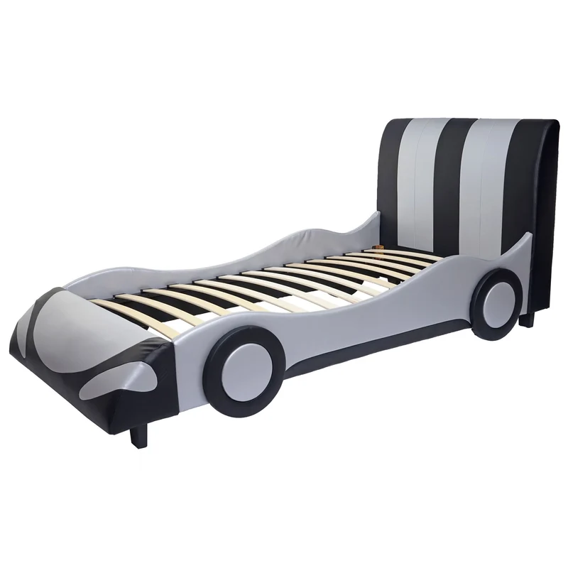 Lit pour enfant voiture sommier à lattes synthétique bois 190x100cm noir-argenté 04_0003619