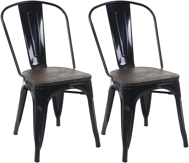 2 chaises de salle à manger style industriel factory métal noir et assise en bois CDS04441