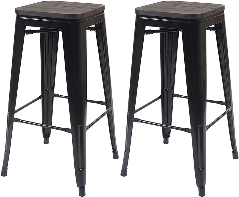 Lot de 2 tabourets de bar style industriel factory en métal noir assise en bois TDB04046