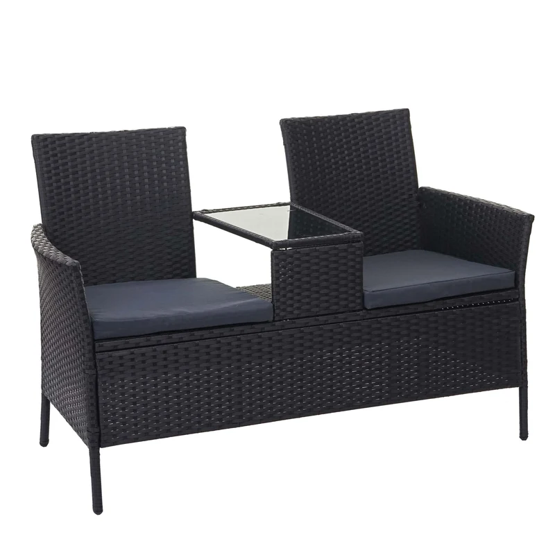 Banc en polyrotin avec table fauteuils chaises de jardin 132cm noir coussin gris foncé 04_0001141