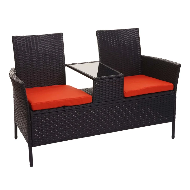 Banc en polyrotin avec table fauteuils chaises de jardin 132 cm noir coussin terracota 04_0001139
