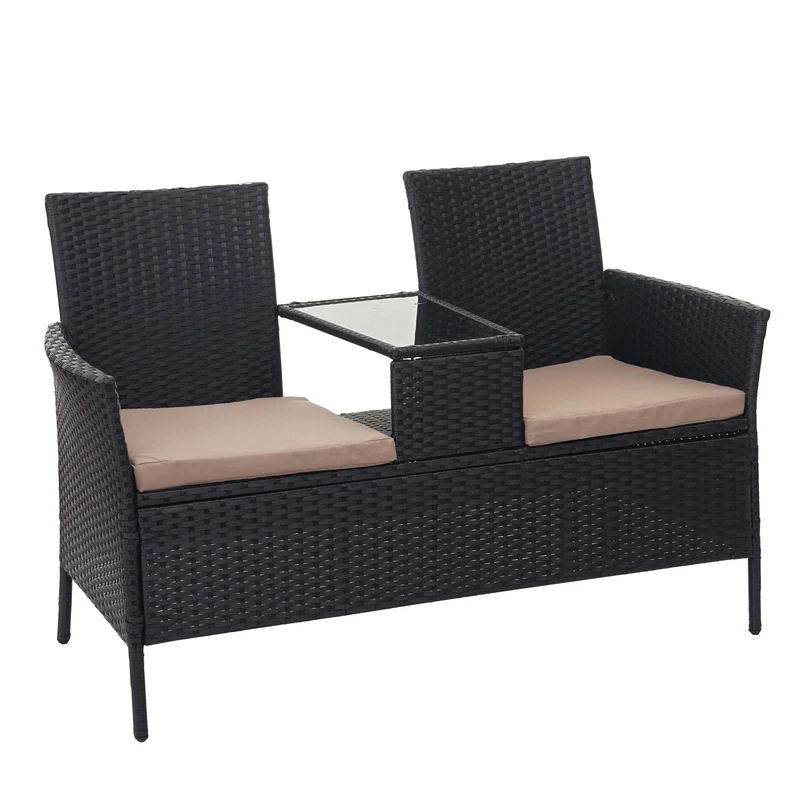 Banc en polyrotin avec table fauteuils chaises de jardin 132cm noir coussin crème 04_0001137