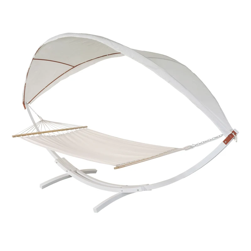 Hamac balançoire suspendue jusqu'à 200kg avec toile pour protection solaire cadre en bois 420cm 2 personnes blanc crème 04_0003394