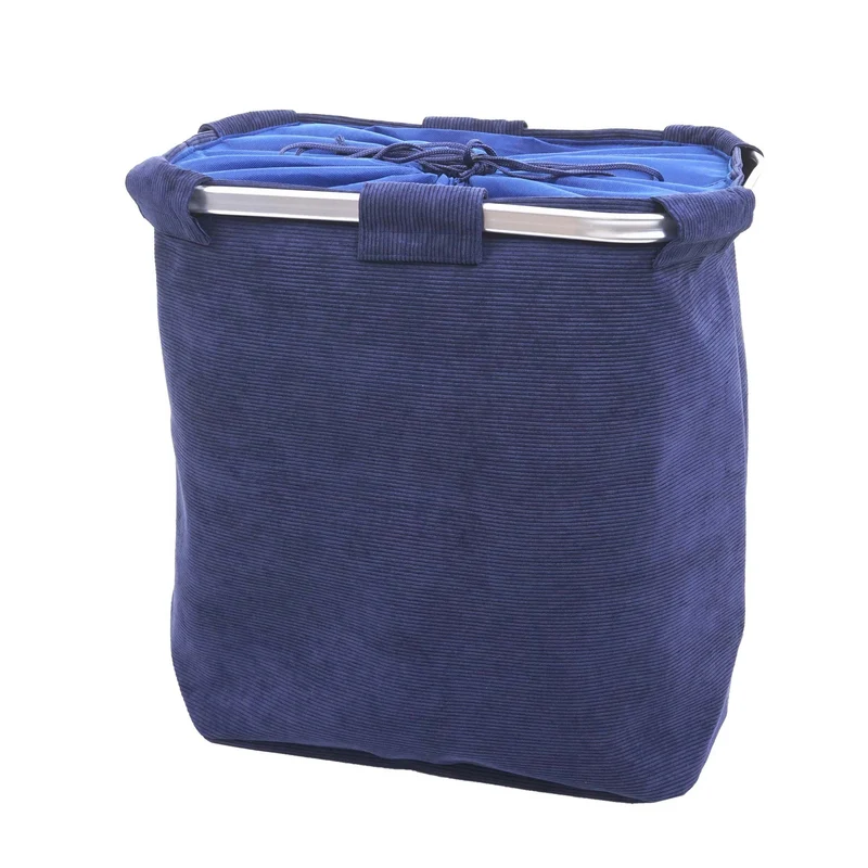 Panier à linge corbeille avec cordon de serrage 2 compartiments 56x49x30cm 82L en tissu bleu 04_0002512