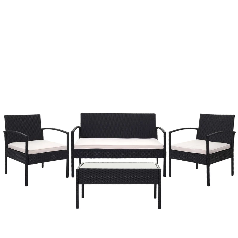 Ensemble pour extérieur balcon/jardin/salon en polyrotin noir coussin crème 04_0003247