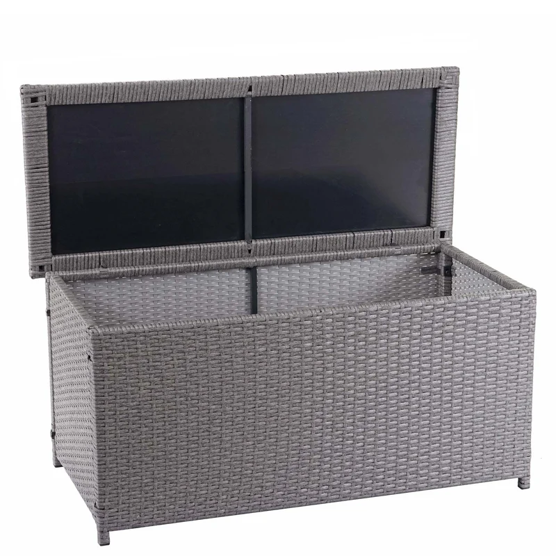Coffre de rangement pour jardin en polyrotin gris avec roulettes rangement coussins 63x135x52cm 320L 04_0001372