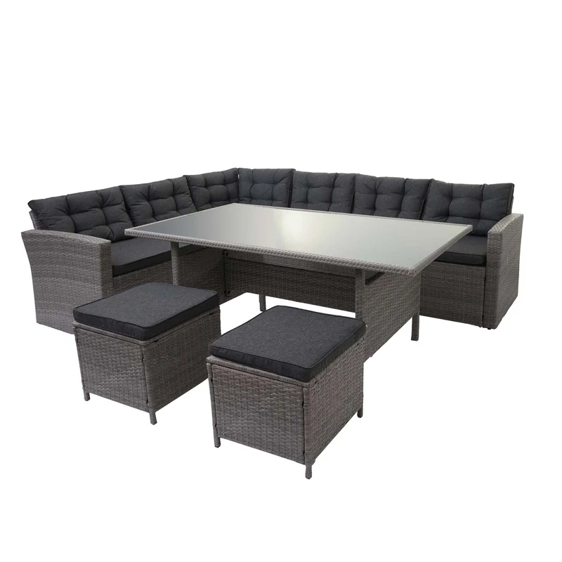 Ensemble complet de salon de jardin terrasse balcon véranda en polyrotin gris coussin gris foncé avec tabouret x2 04_0003046