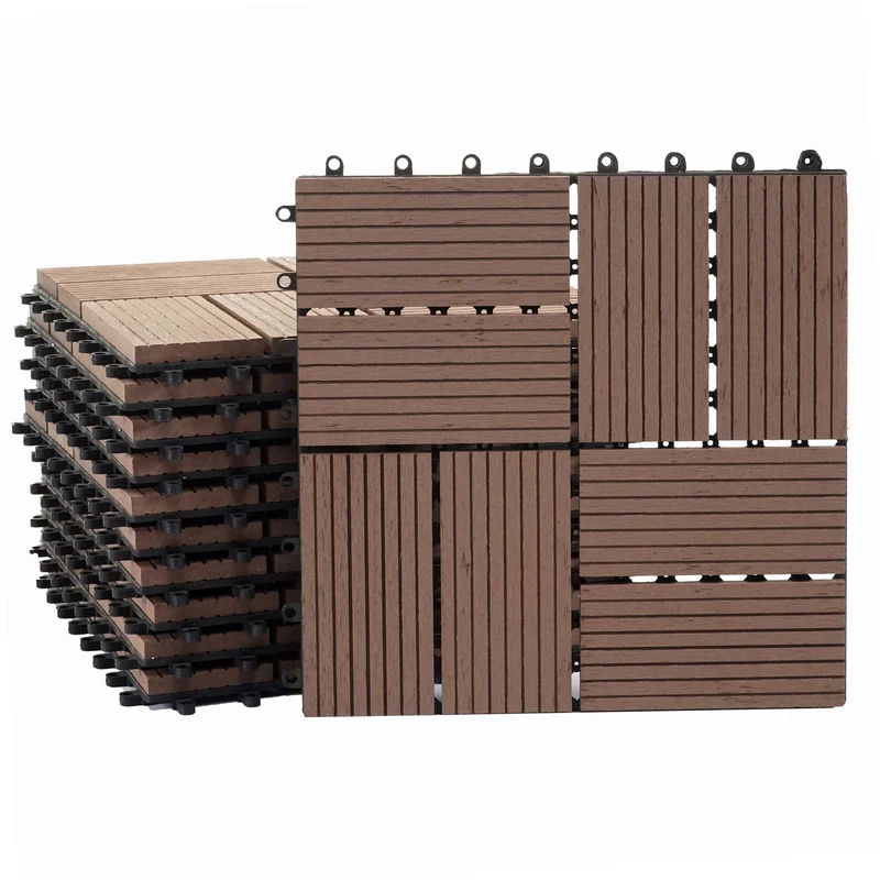 Carrelage de sol WPC balcon terrasse aspect bois 11 pièces 30x30cm 1m² décalage en teck couleur café 04_0005442