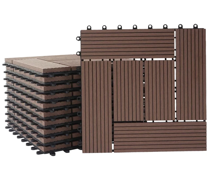 Carrelage de sol WPC balcon terrasse aspect bois 11 pièces 30x30cm 1m² décalage en teck couleur café 04_0005438