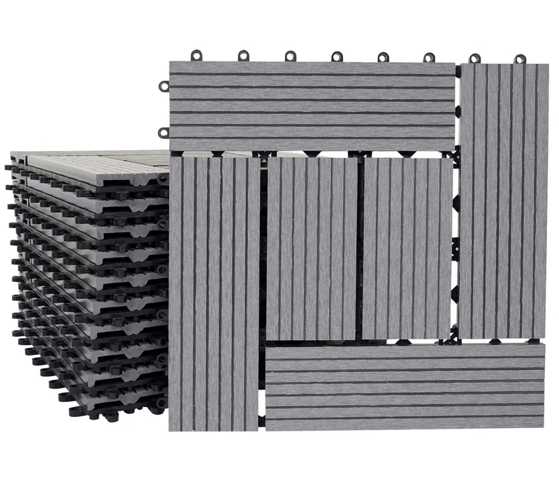 Carrelage de sol WPC balcon terrasse aspect bois 11 pièces 30x30cm 1m² décalage en teck gris 04_0005436